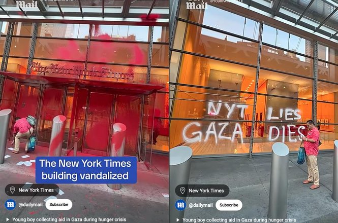 Screenshots show images of vandalism at The New York Times Building in New York City on July 30, 2025.